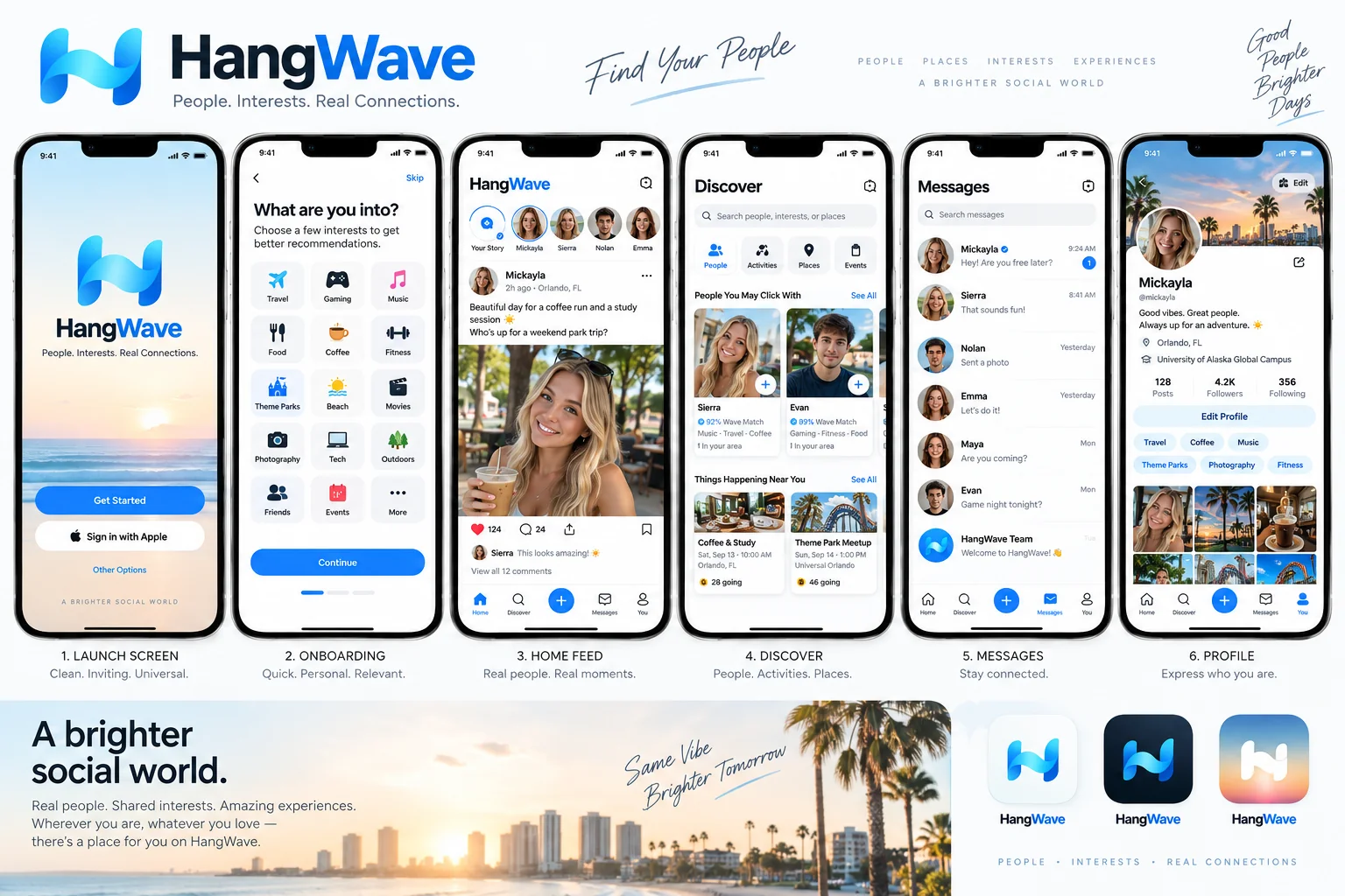 Friends using HangWave together in a bright social setting